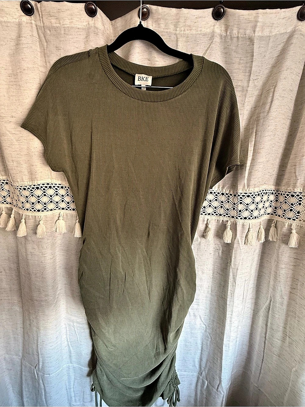BKE Ribbed Cinch Tie Mini Dress Green Medium